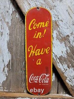 Vintage Coke Porcelain Sign Old Soda Coca Cola General Store Screen Door Push