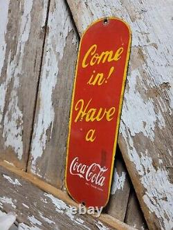Vintage Coke Porcelain Sign Old Soda Coca Cola General Store Screen Door Push