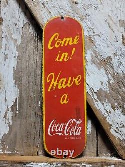 Vintage Coke Porcelain Sign Old Soda Coca Cola General Store Screen Door Push