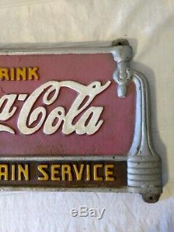 Vintage Drink Coca Cola Fountain Service Cast Iron Bench Sign