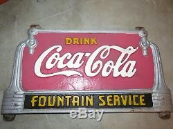 Vintage Drink Coca Cola Fountain Service Cast Iron Bench Sign Original Paint