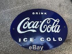 Vintage Drink Coca-Cola Ice Cold Oval Blue Porcelain Enamel Advertising Sign