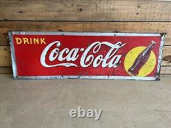 Vintage Drink Coca Cola Metal Advertising Sign Yellow Dot WithAngled Bottle