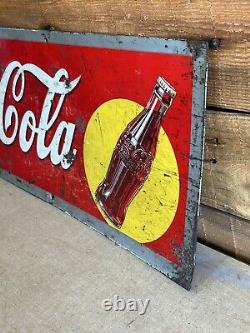 Vintage Drink Coca Cola Metal Advertising Sign Yellow Dot WithAngled Bottle