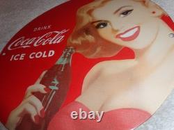 Vintage Drink Coca Cola Woman +bottle 11 3/4 Porcelain Metal Soda, Gas Oil Sign