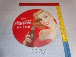 Vintage Drink Coca Cola Woman +bottle 11 3/4 Porcelain Metal Soda, Gas Oil Sign