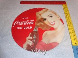 Vintage Drink Coca Cola Woman +bottle 11 3/4 Porcelain Metal Soda, Gas Oil Sign