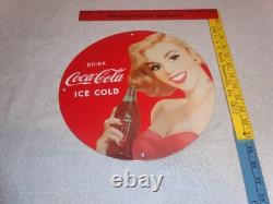 Vintage Drink Coca Cola Woman +bottle 11 3/4 Porcelain Metal Soda, Gas Oil Sign