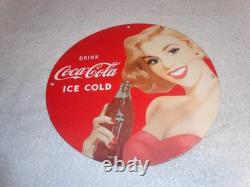 Vintage Drink Coca Cola Woman +bottle 11 3/4 Porcelain Metal Soda, Gas Oil Sign