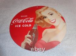 Vintage Drink Coca Cola Woman +bottle 11 3/4 Porcelain Metal Soda, Gas Oil Sign