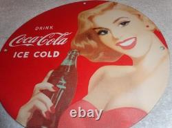 Vintage Drink Coca Cola Woman +bottle 11 3/4 Porcelain Metal Soda, Gas Oil Sign