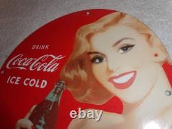 Vintage Drink Coca Cola Woman +bottle 11 3/4 Porcelain Metal Soda, Gas Oil Sign