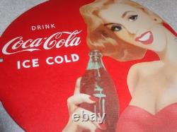 Vintage Drink Coca Cola Woman +bottle 11 3/4 Porcelain Metal Soda, Gas Oil Sign