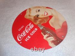 Vintage Drink Coca Cola Woman +bottle 11 3/4 Porcelain Metal Soda, Gas Oil Sign