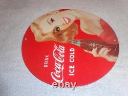 Vintage Drink Coca Cola Woman +bottle 11 3/4 Porcelain Metal Soda, Gas Oil Sign