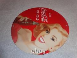 Vintage Drink Coca Cola Woman +bottle 11 3/4 Porcelain Metal Soda, Gas Oil Sign