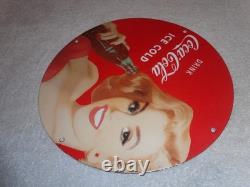 Vintage Drink Coca Cola Woman +bottle 11 3/4 Porcelain Metal Soda, Gas Oil Sign