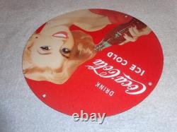 Vintage Drink Coca Cola Woman +bottle 11 3/4 Porcelain Metal Soda, Gas Oil Sign