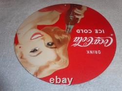 Vintage Drink Coca Cola Woman +bottle 11 3/4 Porcelain Metal Soda, Gas Oil Sign