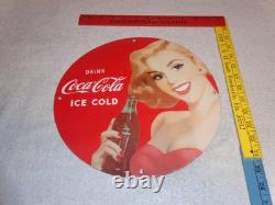 Vintage Drink Coca Cola Woman +bottle 11 3/4 Porcelain Metal Soda, Gas Oil Sign