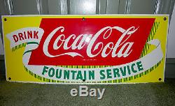 Vintage Drink Coke Coca-Cola porcelain sign, Fountain Service yellow Excellent