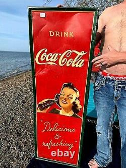 Vintage Early Coca Cola Soda Pop Lady With bottle graphic Metal Sign Coke 54X18