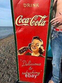 Vintage Early Coca Cola Soda Pop Lady With bottle graphic Metal Sign Coke 54X18