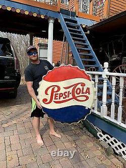 Vintage Early Lg 36in Pepsi Cola Soda Pop Metal bottle Cap Sign Coke