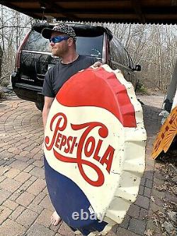 Vintage Early Lg 36in Pepsi Cola Soda Pop Metal bottle Cap Sign Coke