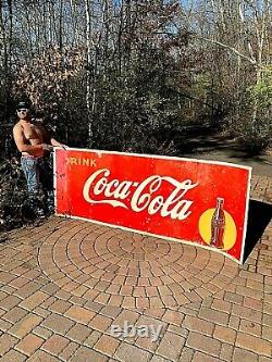 Vintage Early Metal Coca Cola Soda Pop Roll up bottle graphic Sign Coke 129X44