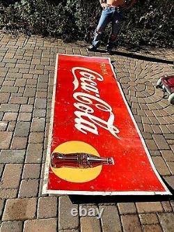 Vintage Early Metal Coca Cola Soda Pop Roll up bottle graphic Sign Coke 129X44
