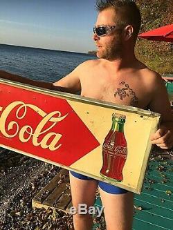 Vintage Early Metal Coca Cola Soda Pop bottle graphic Sign Coke 54X18 1952