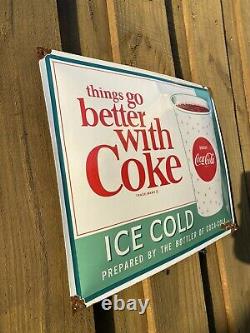 Vintage Enjoy Coca Cola Porcelain Metal Sign Stamped USA Oil Gas Coke