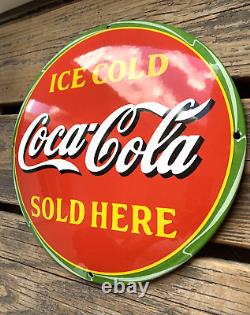 Vintage Ice Coca-cola Sold Here Dome Gas Oil Pump Station Porcelain Sign