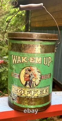 Vintage LG 10 Pound Metal Wak EM Up Coffee Can Great Indian Graphics Duluth Mn