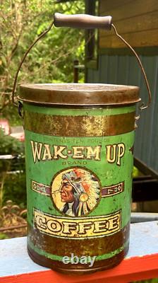 Vintage LG 10 Pound Metal Wak EM Up Coffee Can Great Indian Graphics Duluth Mn
