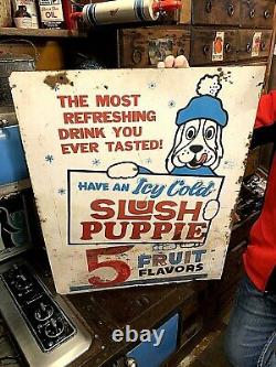 Vintage LG 30X24 Slush Puppie Frozen Beverage Drink Soda Pop 2 sided Metal Sign