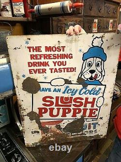 Vintage LG 30X24 Slush Puppie Frozen Beverage Drink Soda Pop 2 sided Metal Sign