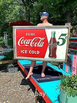 Vintage LG 56x32 Metal Coca Cola Soda Pop Bottle 5 cent Graphic Sign Coke