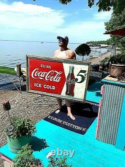 Vintage LG 56x32 Metal Coca Cola Soda Pop Bottle 5 cent Graphic Sign Coke