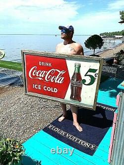 Vintage LG 56x32 Metal Coca Cola Soda Pop Bottle 5 cent Graphic Sign Coke