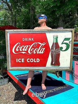 Vintage LG 56x32 Metal Coca Cola Soda Pop Bottle 5 cent Graphic Sign Coke