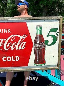 Vintage LG 56x32 Metal Coca Cola Soda Pop Bottle 5 cent Graphic Sign Coke