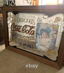 Vintage Large Coca Cola Mirror Sign Delicious Relieves Fatigue LARGE 41 X 29 In