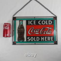 Vintage Leaded Stained Glass Ice Cold Coca Cola Sold Here Coke Hanging Sign