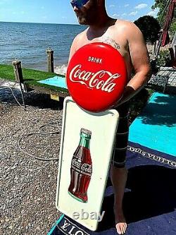 Vintage Metal 1947 Coca Cola Soda Pop Bottle Pilaster Sign With Coke Button