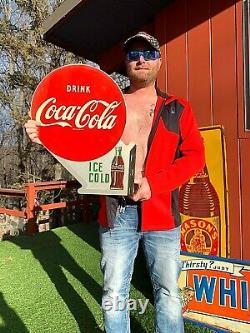 Vintage Metal 22 inch Coca Cola Flange Soda Pop Sign bottle graphics 1954 Mint