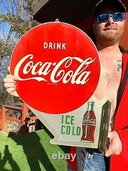 Vintage Metal 22 inch Coca Cola Flange Soda Pop Sign bottle graphics 1954 Mint