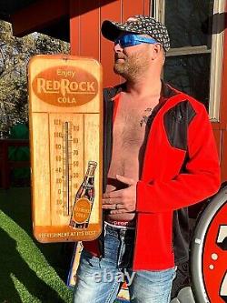 Vintage Metal 26 inch Red Rock Thermometer Soda Pop Sign With Bottle graphics 1939