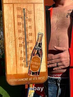 Vintage Metal 26 inch Red Rock Thermometer Soda Pop Sign With Bottle graphics 1939